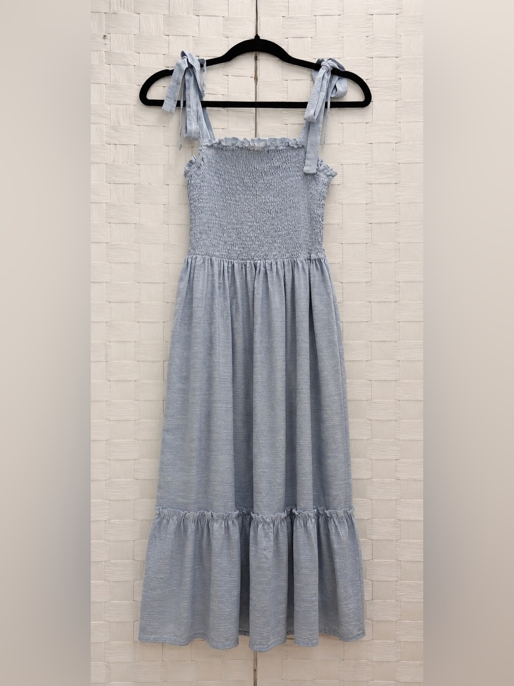 NEW Sz LARGE Summer Boho Sundress, Cotton Linen-Look, Tie-straps, Ruffle, BLUE
